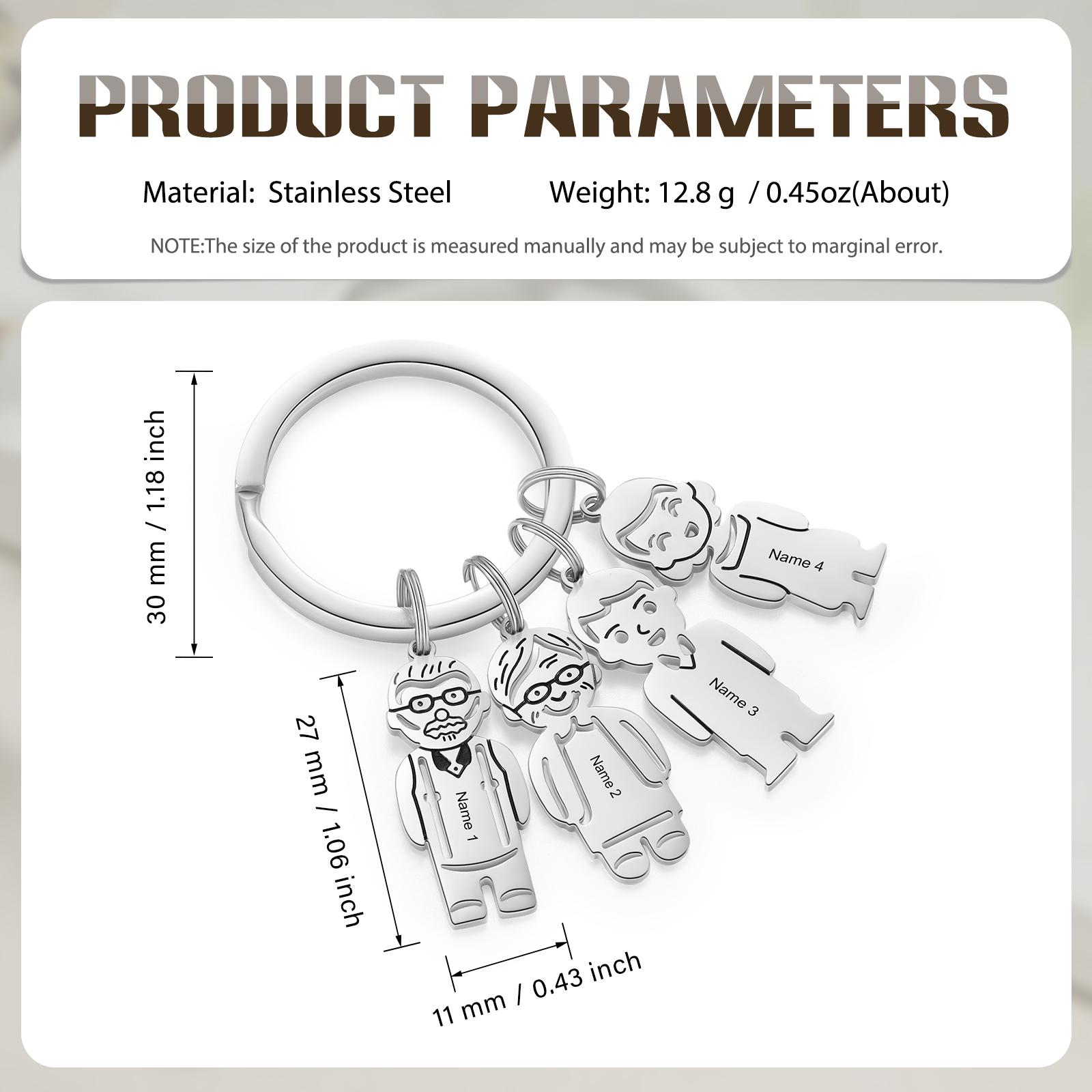 4 Names Personalised Stainless Steel Keyring with Pendant Charms | Jessemade