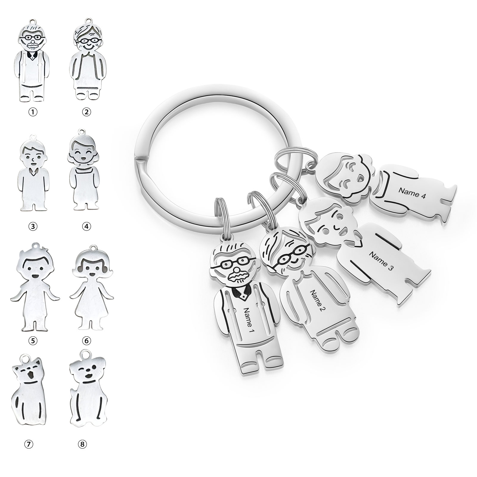4 Names Personalised Stainless Steel Keyring with Pendant Charms | Jessemade