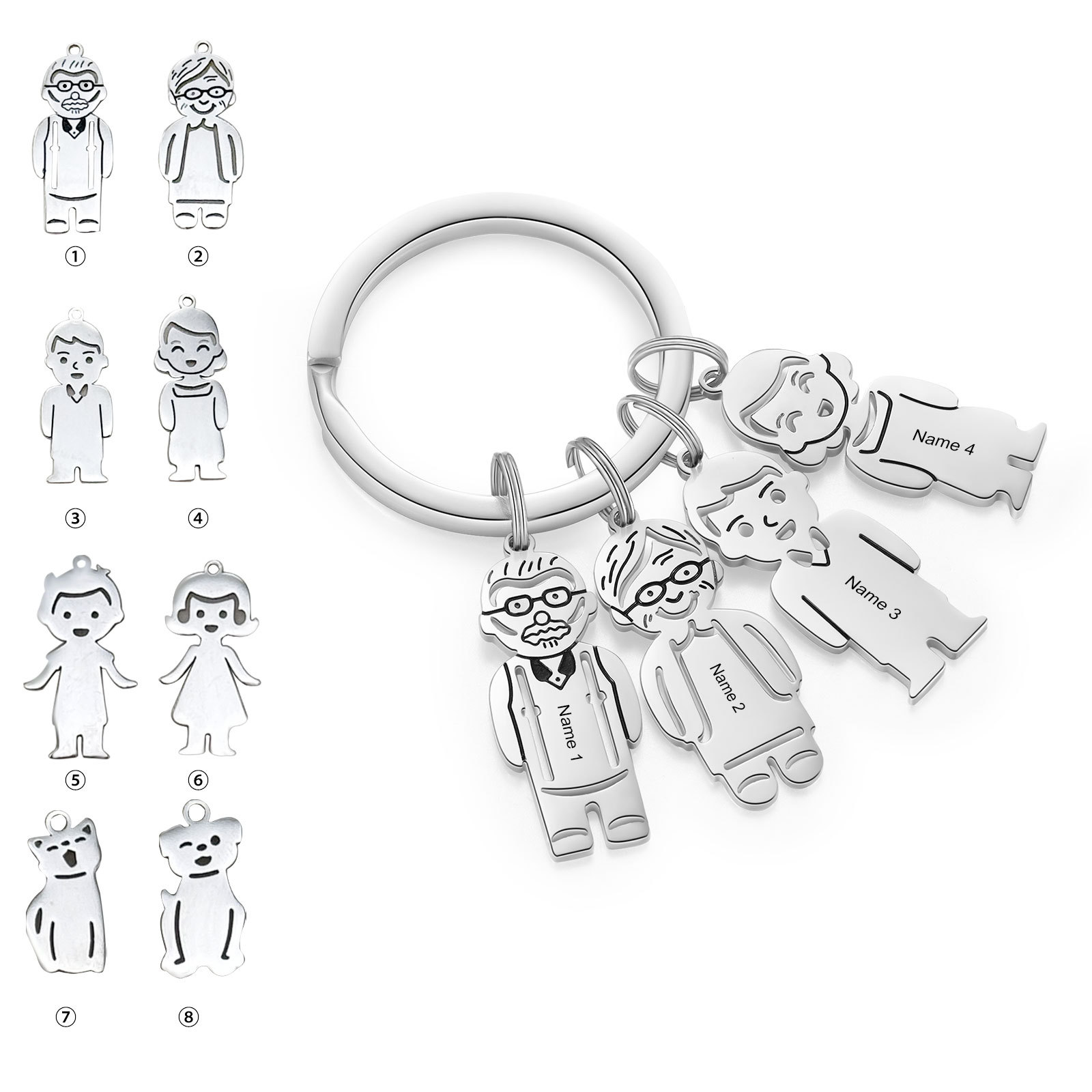 4 Names Personalised Stainless Steel Keyring with Pendant Charms | Jessemade