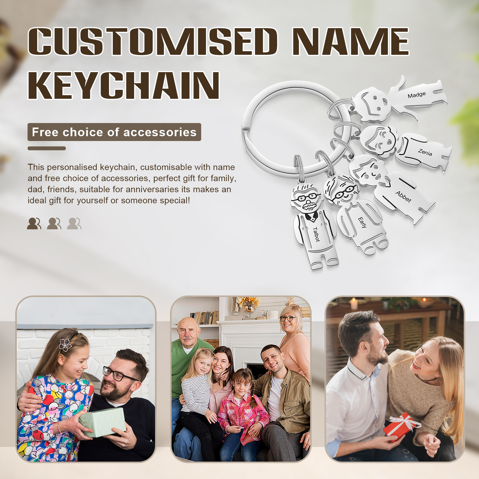 5 Names Personalised Stainless Steel Keyring with Pendant Charms | Jessemade