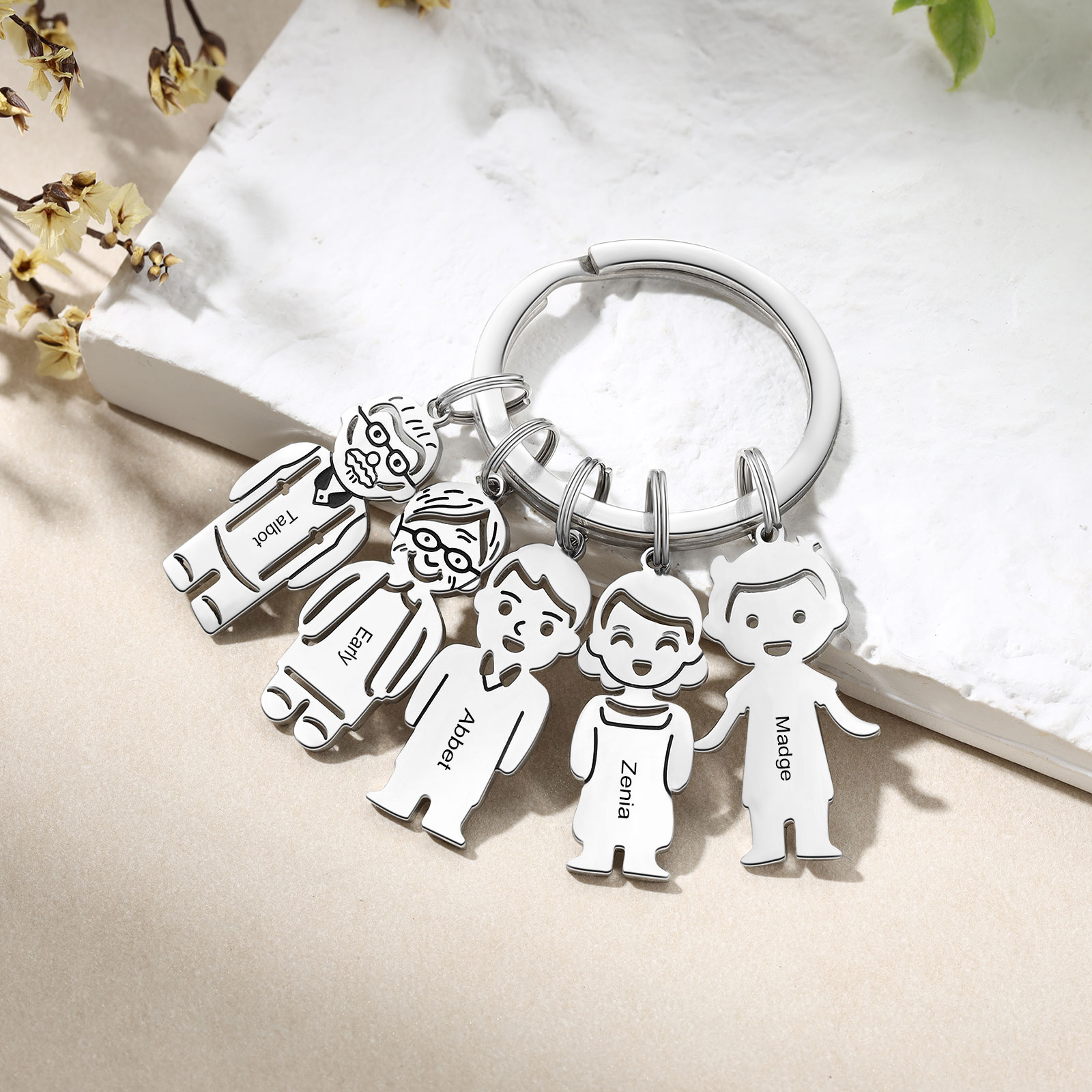 5 Names Personalised Stainless Steel Keyring with Pendant Charms | Jessemade