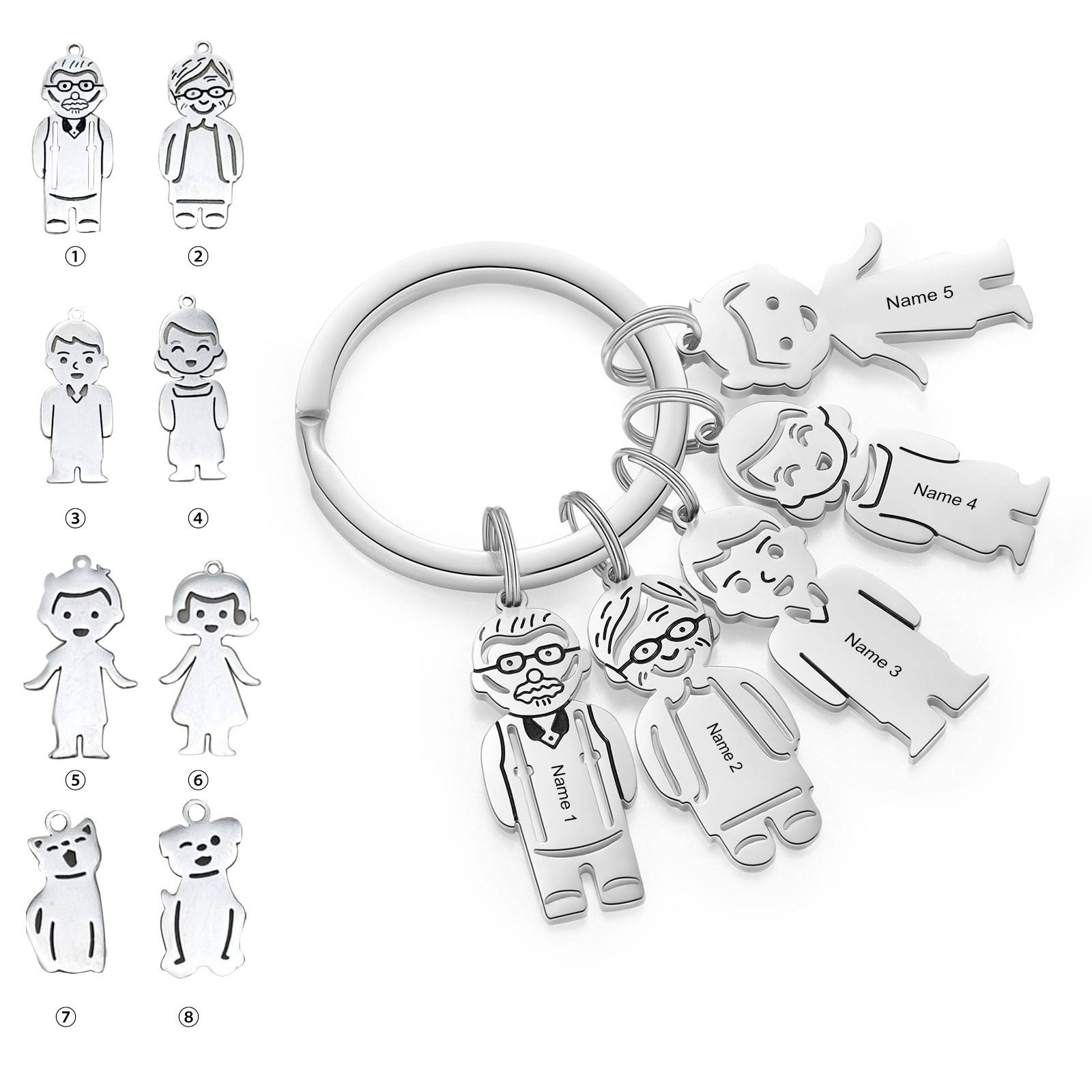 5 Names Personalised Stainless Steel Keyring with Pendant Charms | Jessemade