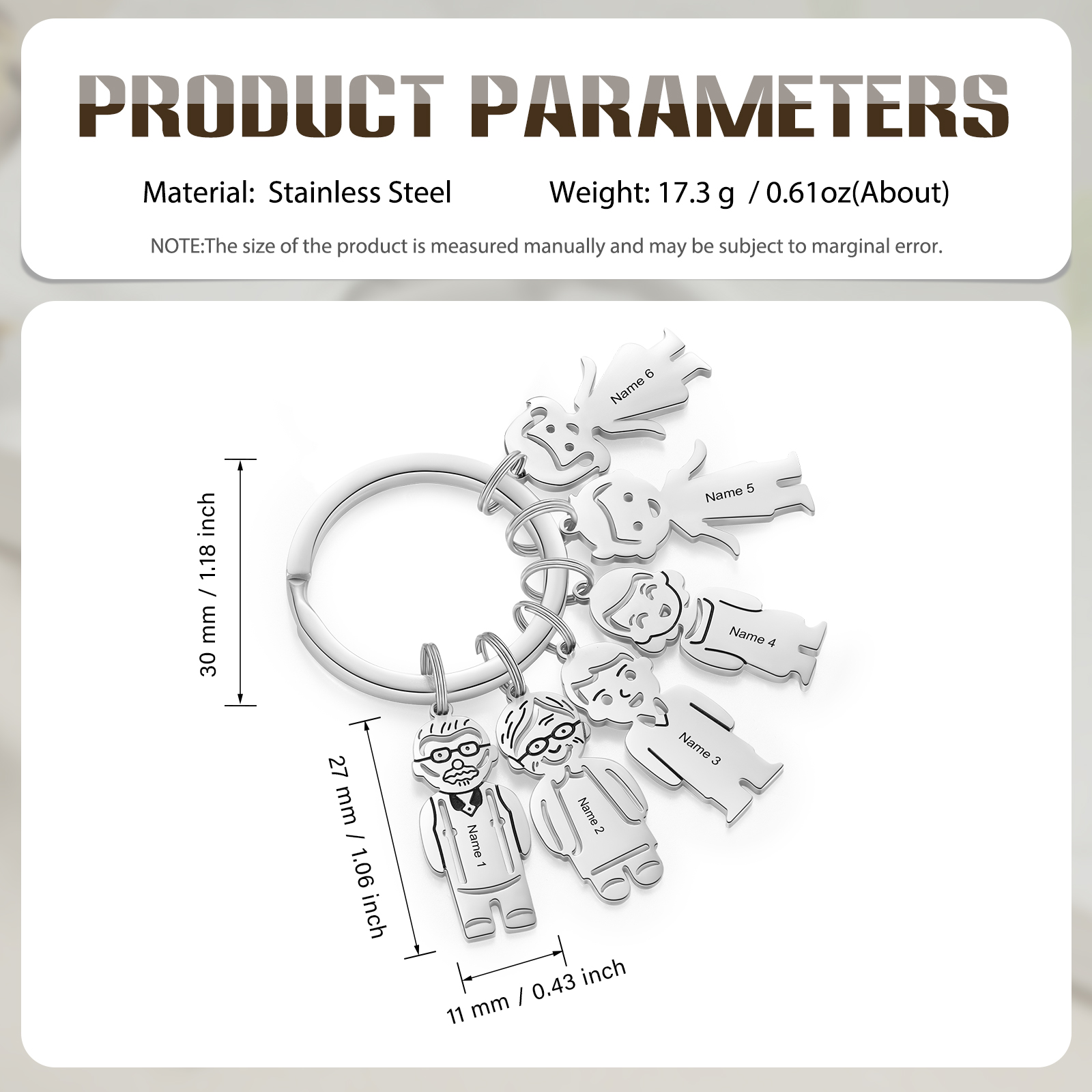 6 Names Personalised Stainless Steel Keyring with Pendant Charms | Jessemade