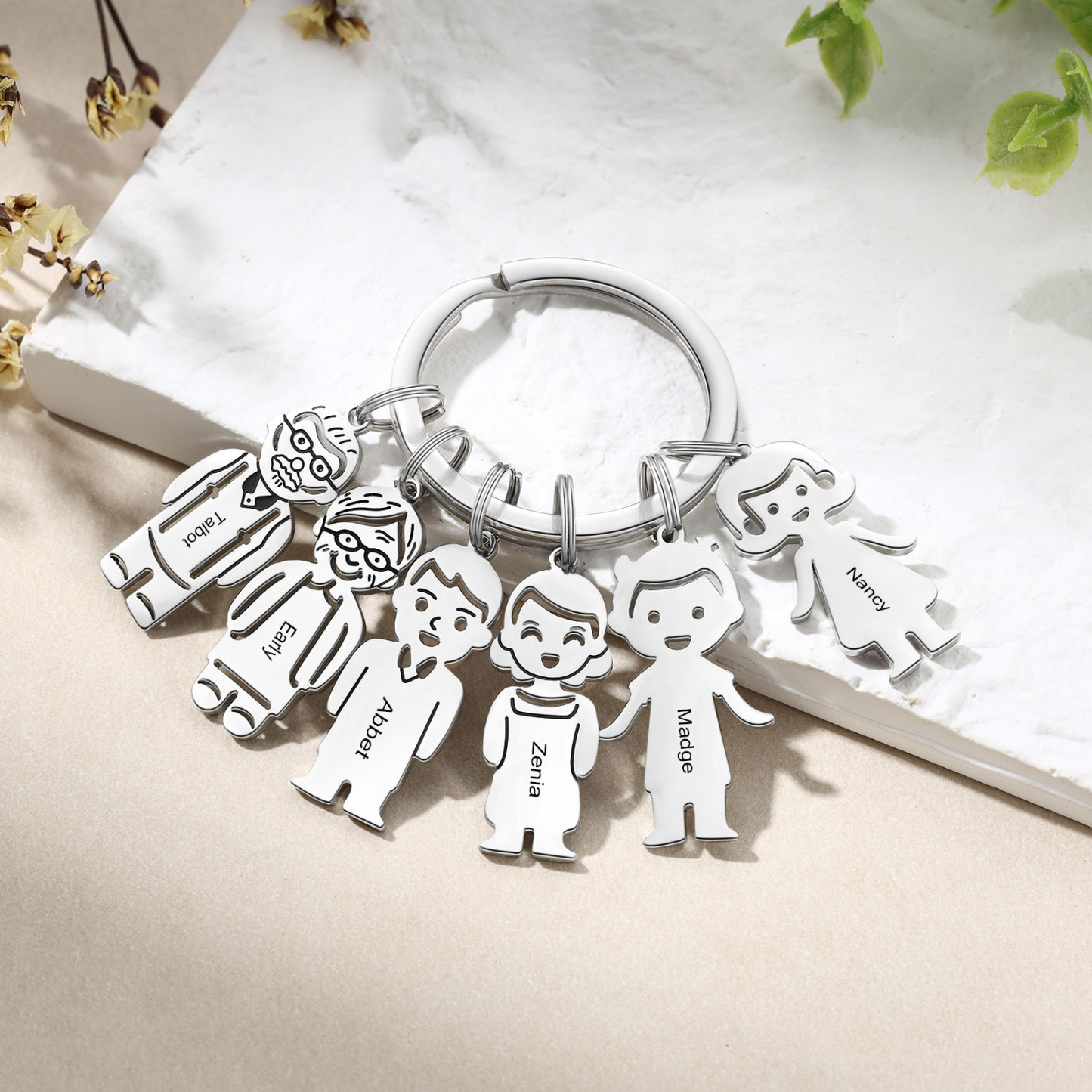 6 Names Personalised Stainless Steel Keyring with Pendant Charms | Jessemade
