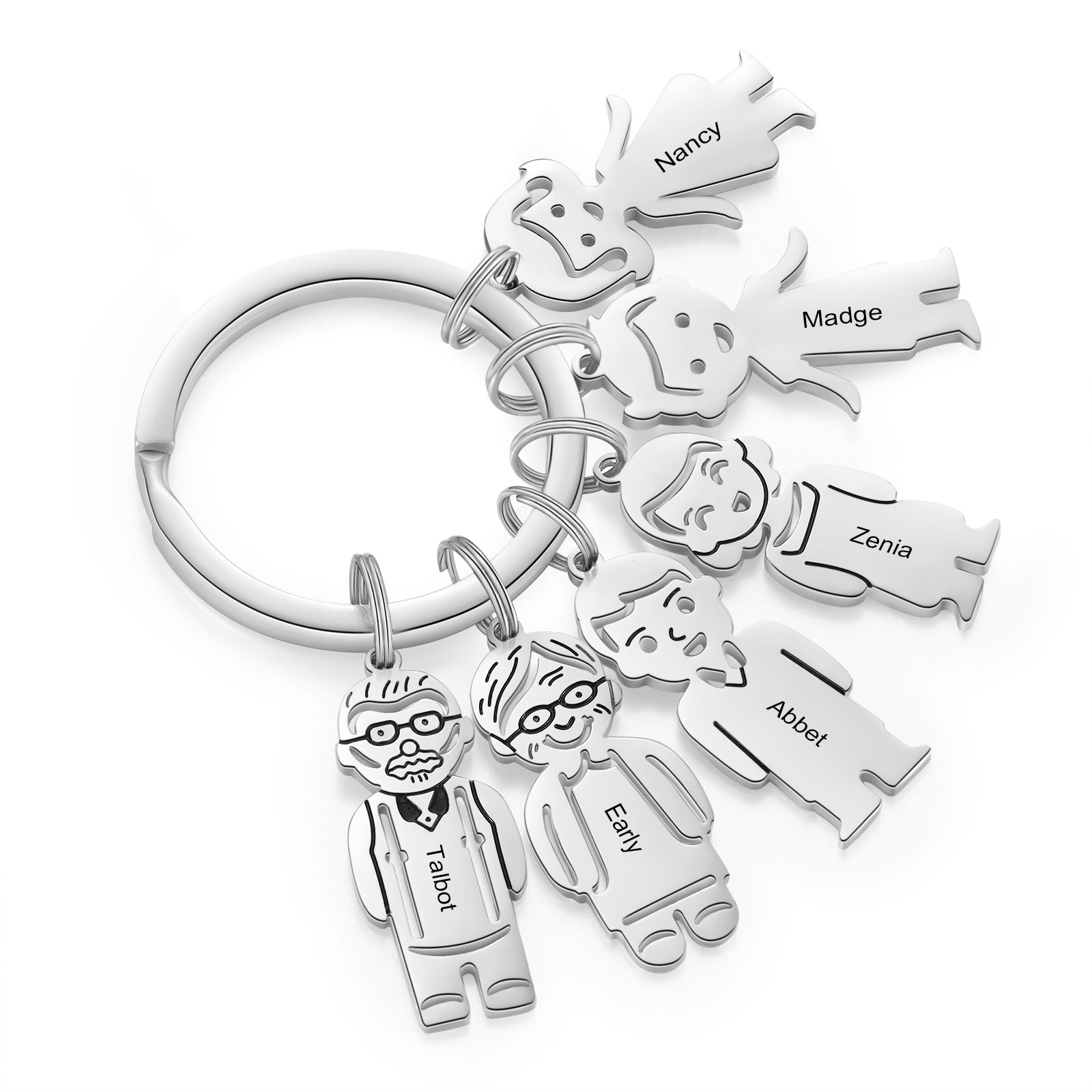 6 Names Personalised Stainless Steel Keyring with Pendant Charms | Jessemade