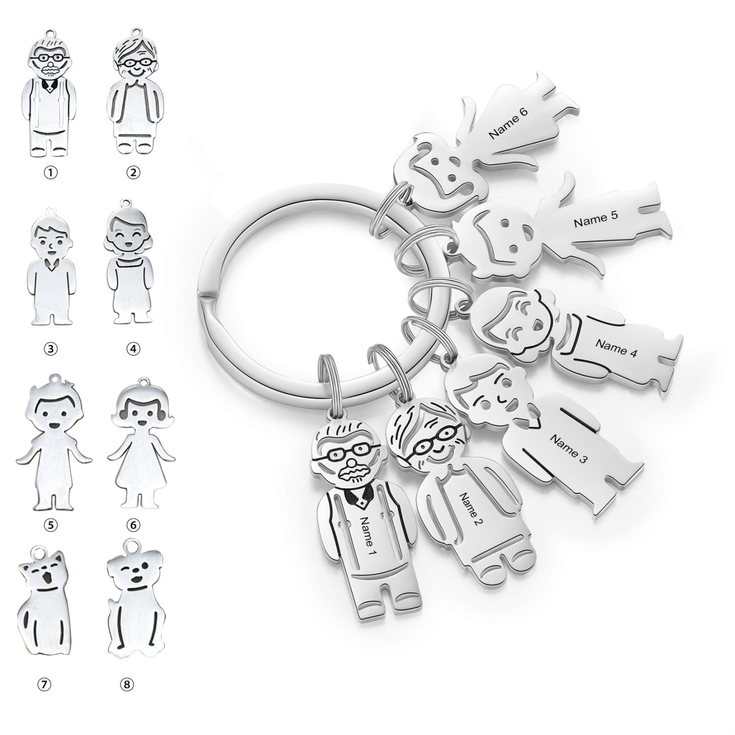 6 Names Personalised Stainless Steel Keyring with Pendant Charms | Jessemade