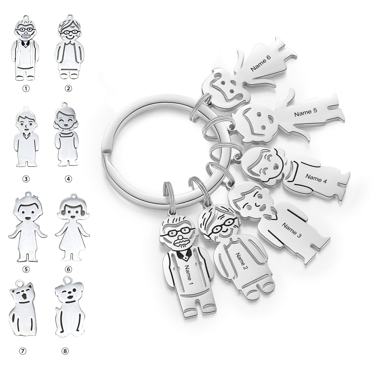 6 Names Personalised Stainless Steel Keyring with Pendant Charms | Jessemade