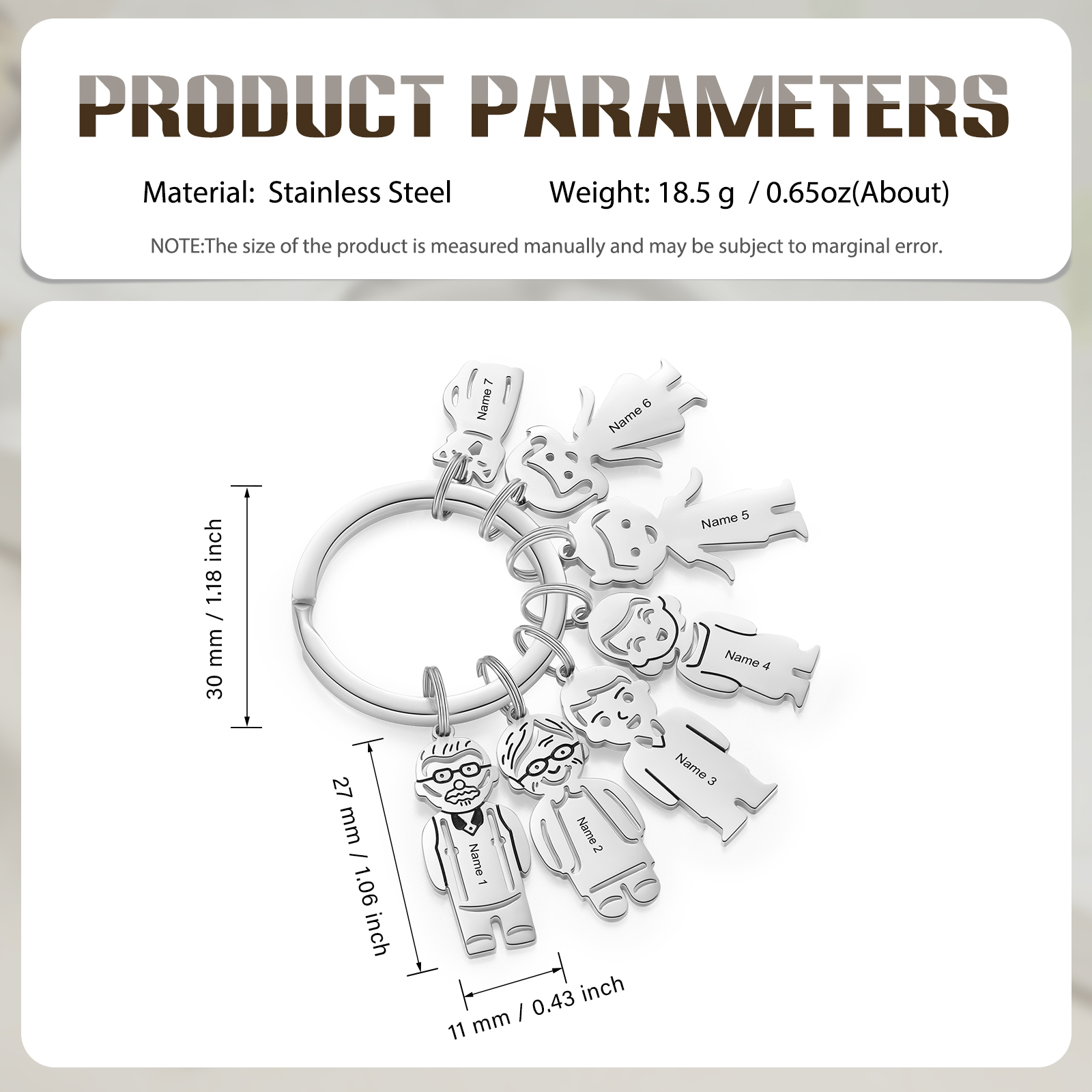 7 Names Personalised Stainless Steel Keyring with Pendant Charms | Jessemade