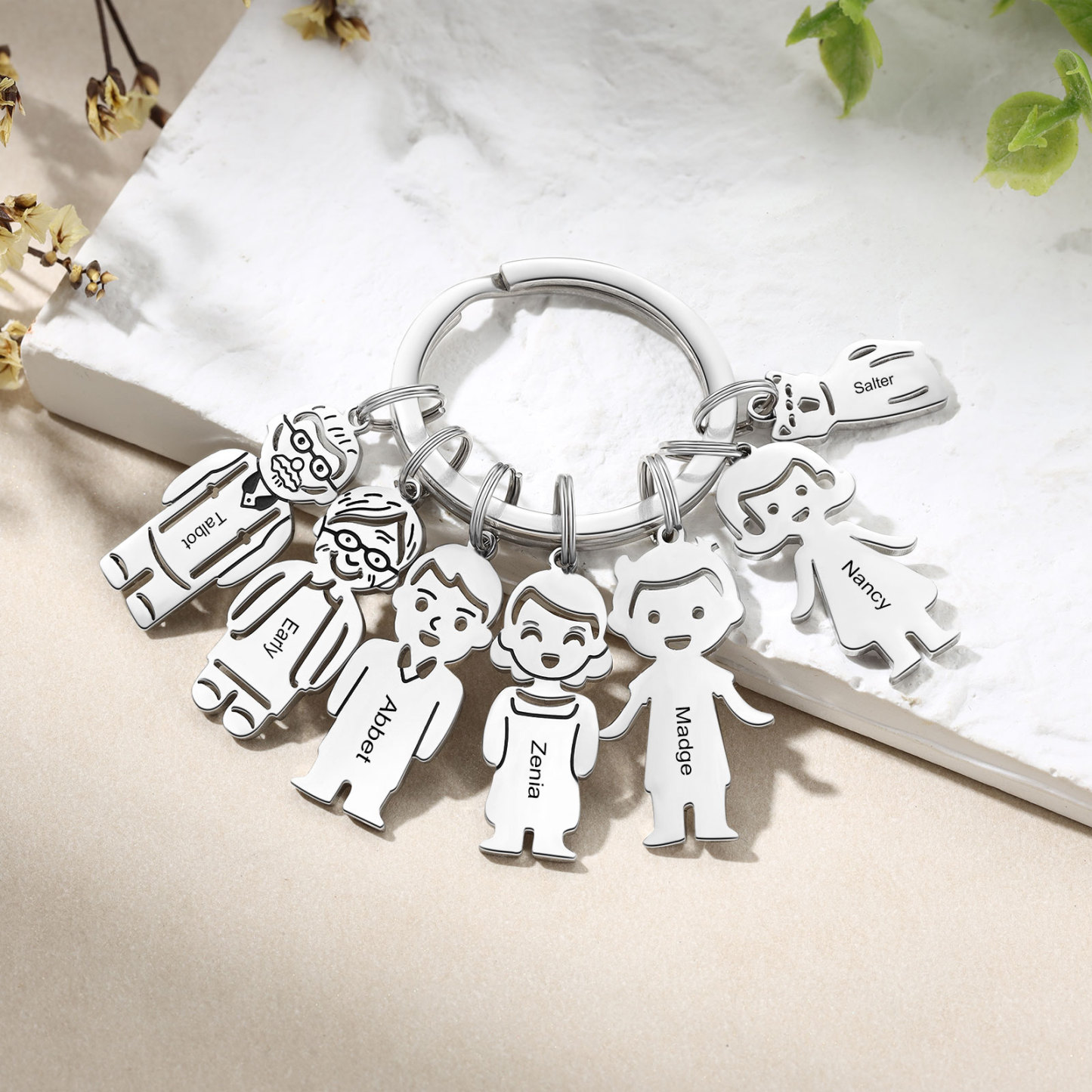 7 Names Personalised Stainless Steel Keyring with Pendant Charms | Jessemade