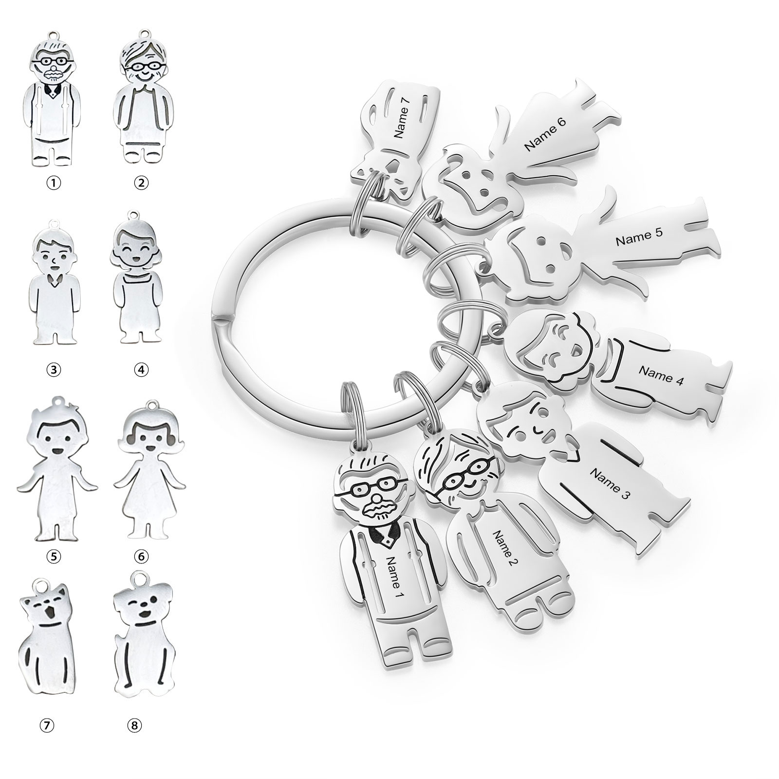 7 Names Personalised Stainless Steel Keyring with Pendant Charms | Jessemade