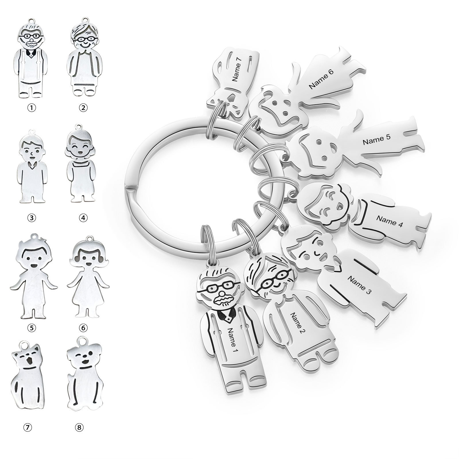7 Names Personalised Stainless Steel Keyring with Pendant Charms | Jessemade