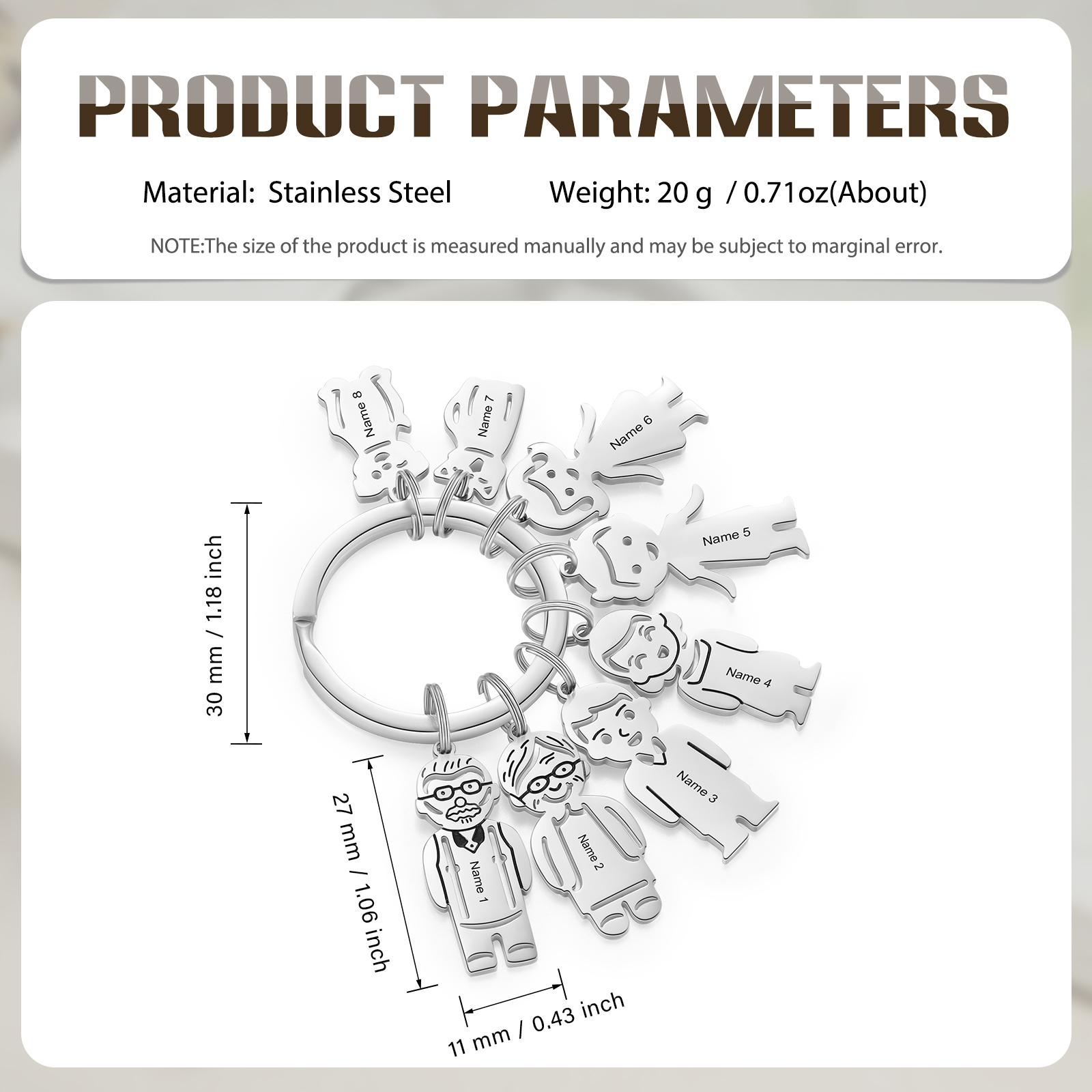 8 Names Personalised Stainless Steel Keyring with Pendant Charms | Jessemade