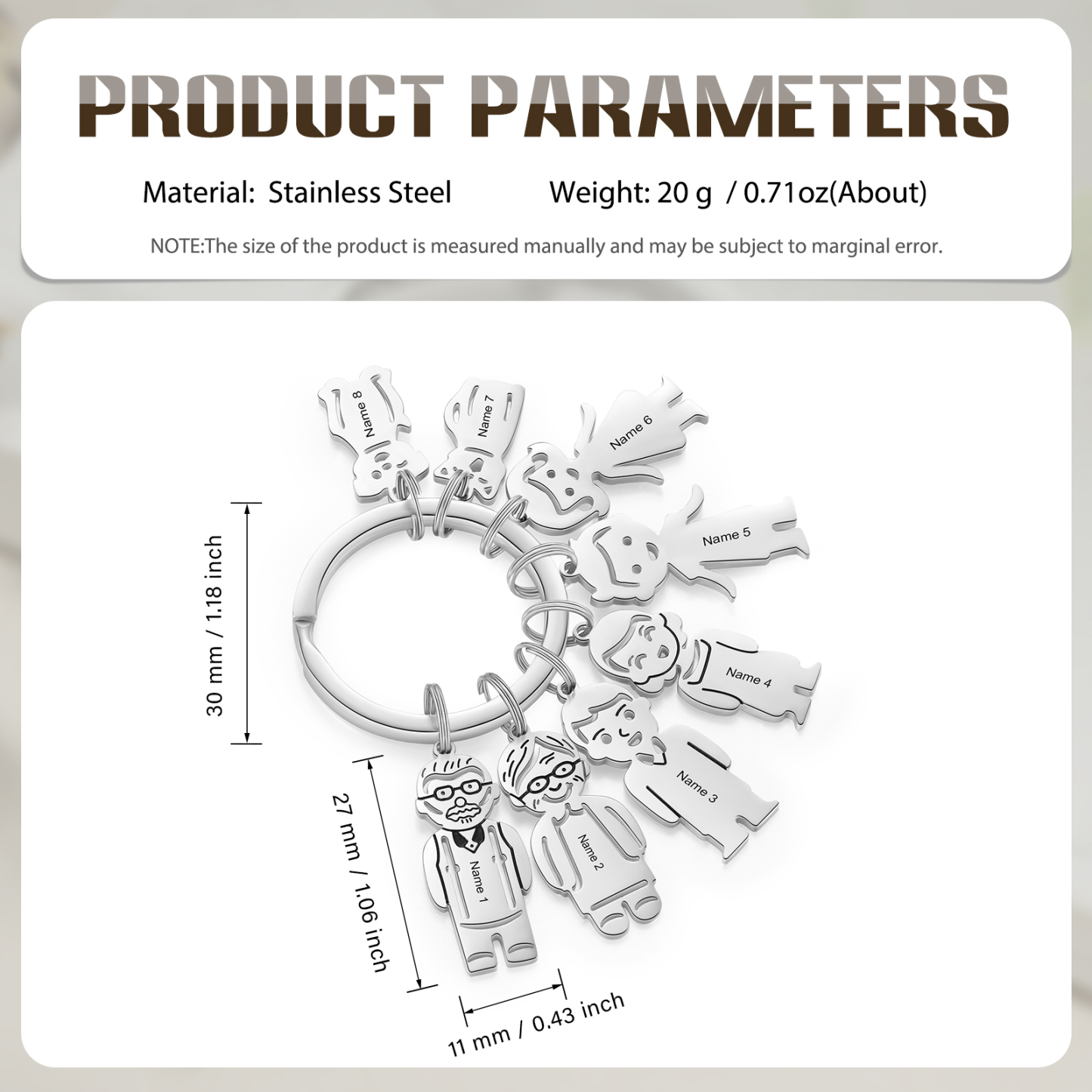 8 Names Personalised Stainless Steel Keyring with Pendant Charms | Jessemade