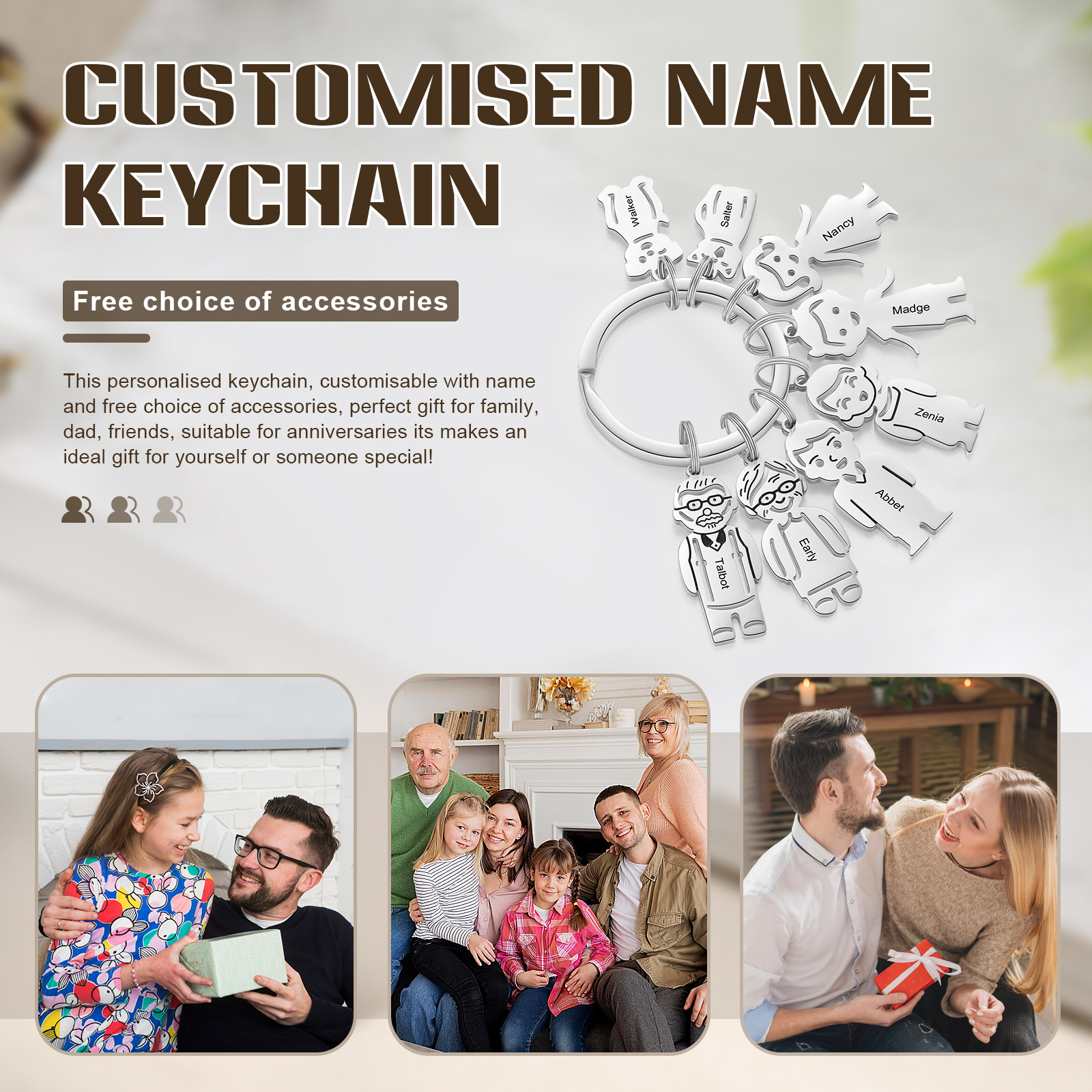 8 Names Personalised Stainless Steel Keyring with Pendant Charms | Jessemade