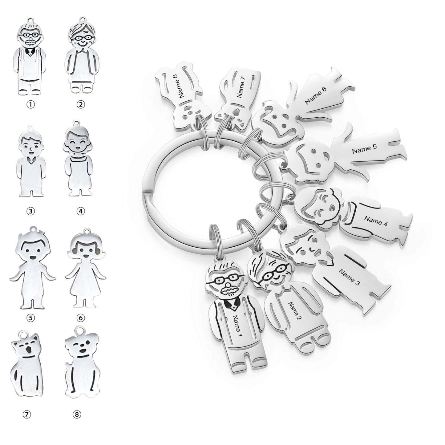 8 Names Personalised Stainless Steel Keyring with Pendant Charms | Jessemade