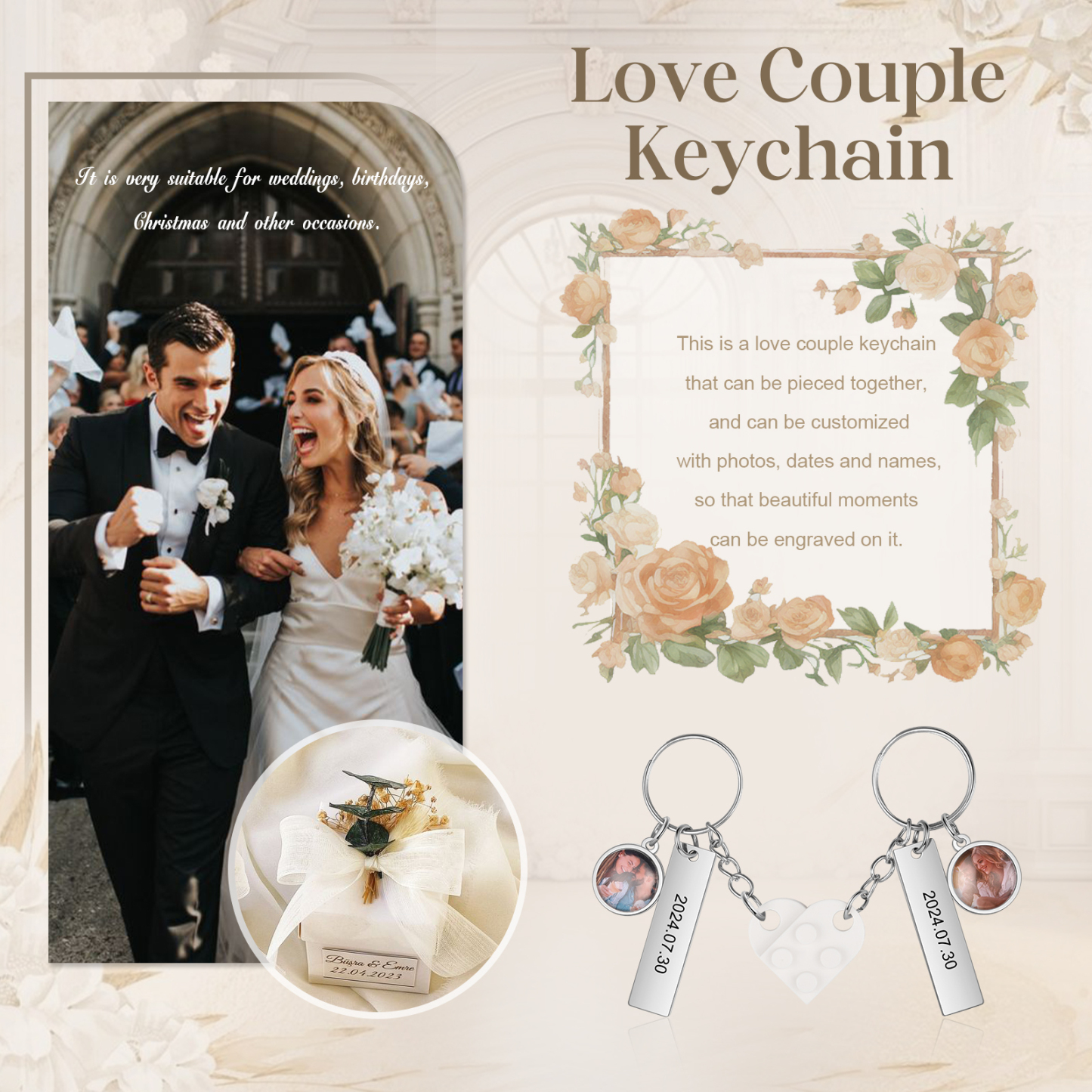 Personalised Couple Keychain Custom Double Heart Keychain with Photos and Dates for Couple | Jessmade