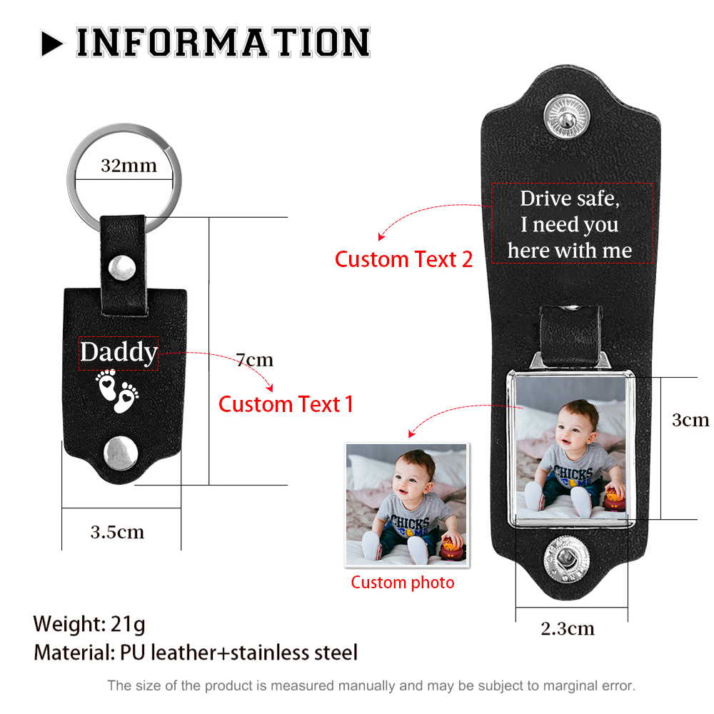 Personalised Photo Keyring for Dad – Drive Safe Message with Custom 2 Texts & 1 Photo Insert | Jessemade