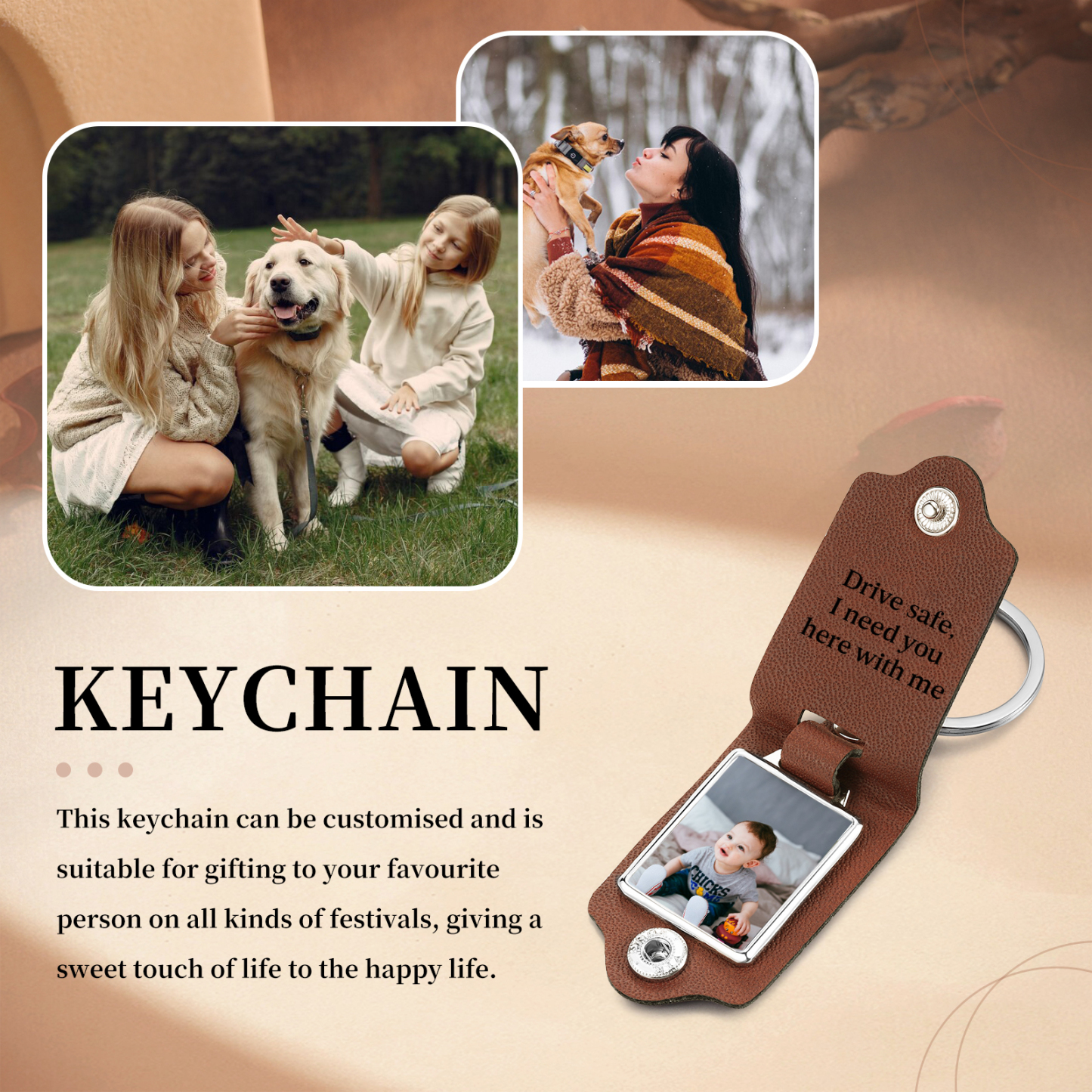Personalised Photo Keyring for Dad – Drive Safe Message with Custom 2 Texts & 1 Photo Insert | Jessemade