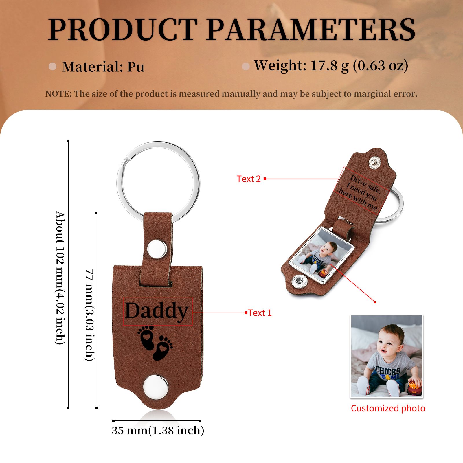 Personalised Photo Keyring for Dad – Drive Safe Message with Custom 2 Texts & 1 Photo Insert | Jessemade