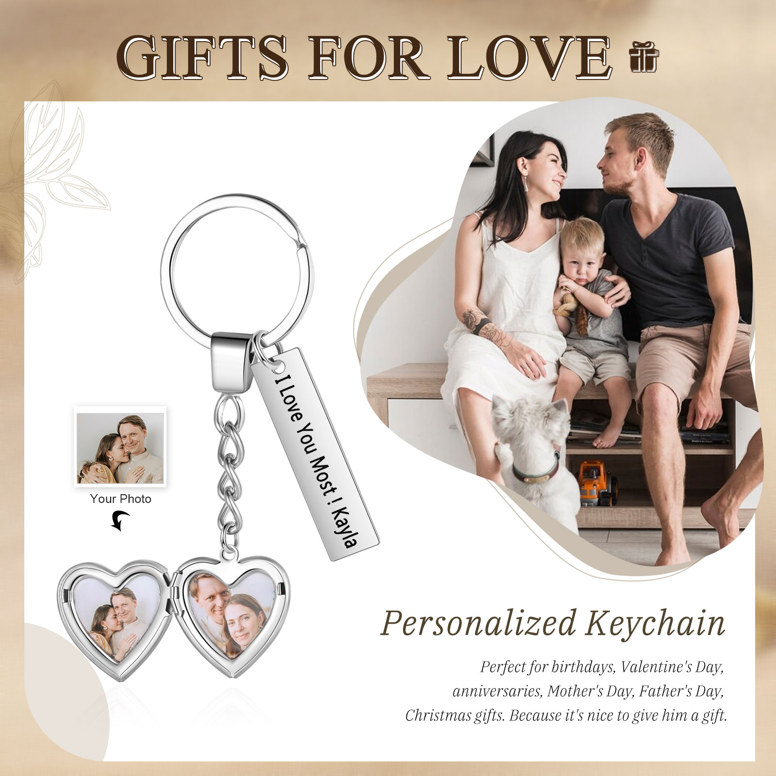 Personalised Eye Keyring with Custom 2 Photos & 1 Text Heart Charms Christmas Gift for Him | Jessemade