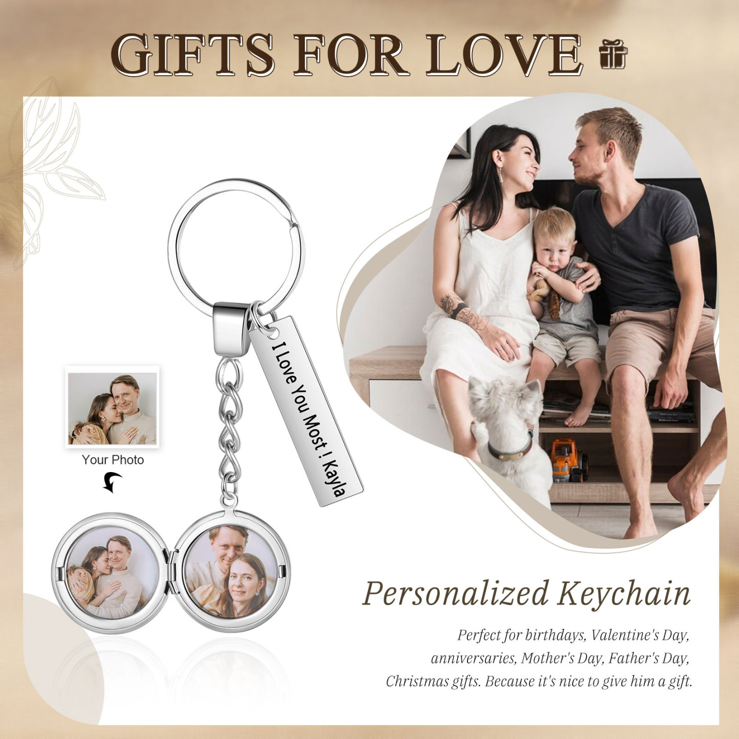Personalised Eye Keyring with Custom 2 Photos & 1 Text Heart Charms Christmas Gift for Him | Jessemade