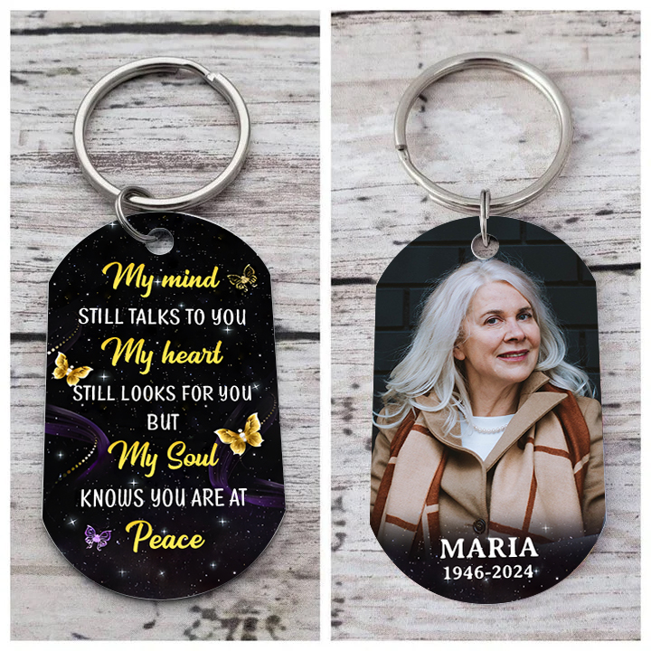Personalized Memorial Keychain With Custom Photo, Name & Date Keychain– "My soul knows you are at peace"