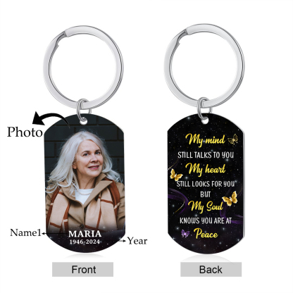 Personalized Memorial Keychain With Custom Photo, Name & Date Keychain– "My soul knows you are at peace"