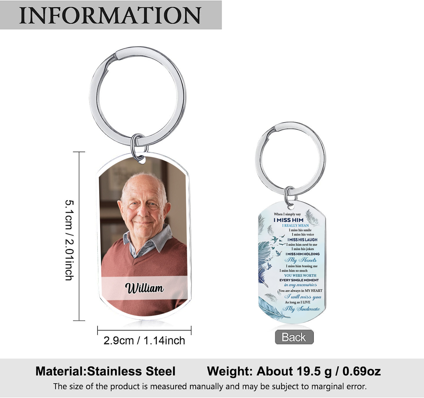 Personalized Memorial Keychain With Custom Photo & Name Keychain - "I will miss you as long as I live"