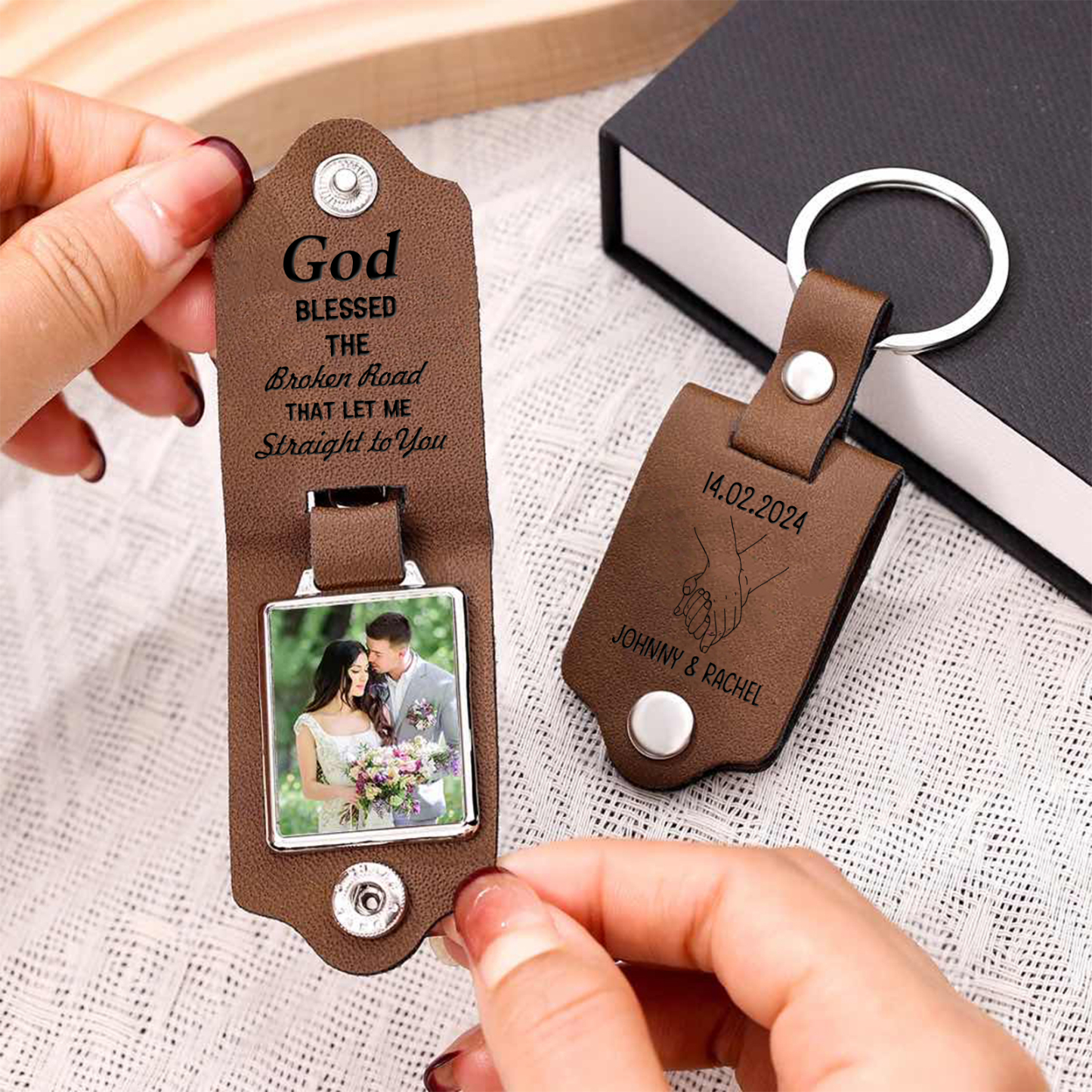 Personalised Leather Couple Keyring with Custom Photo and 2 Names & Da