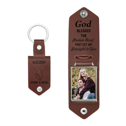 Personalised Leather Couple Keyring with Custom Photo and 2 Names & Date "God Bless The Broken Road" Gift for Him | Jessmade
