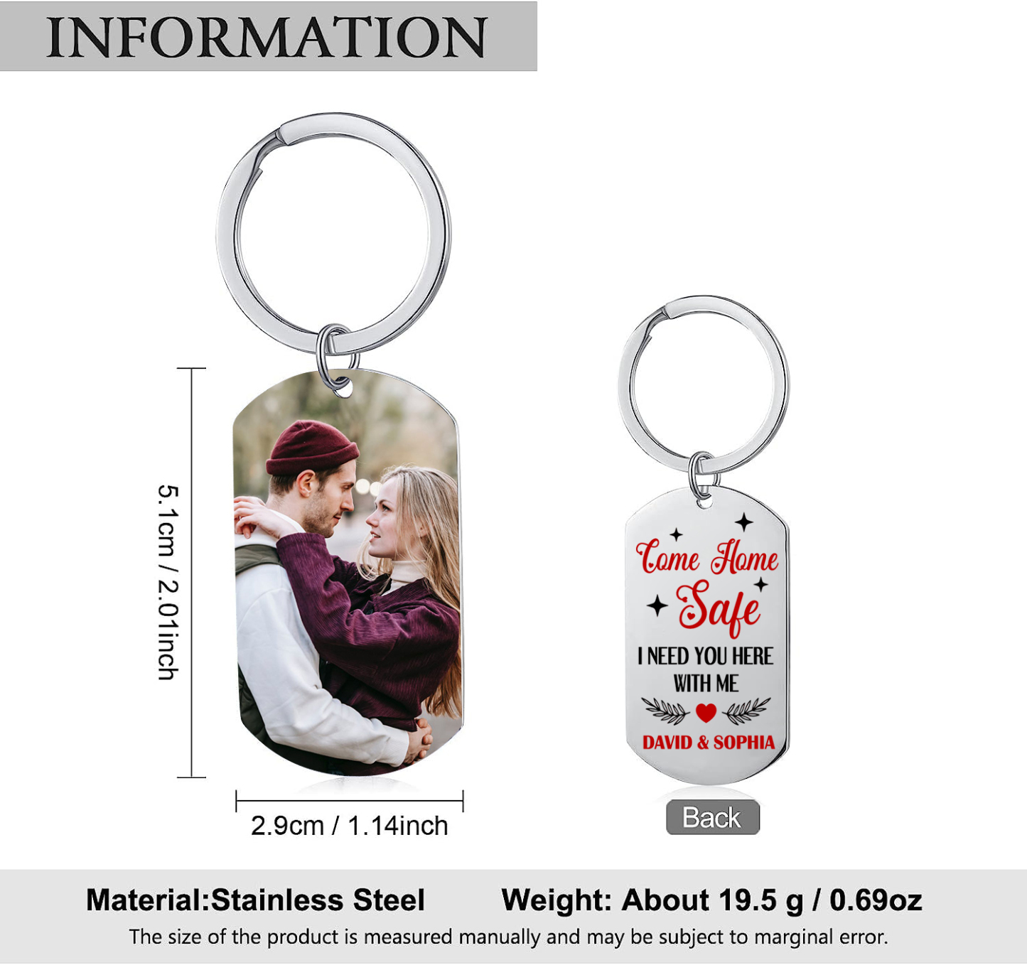 Personalised Stainless Steel Couples Keyring with Custom Photo & 2 Names Christmas Gift for Him | Jessemade