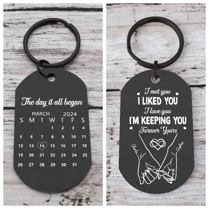 Personalised Anniversary Keyring – Custom Names, “I Met You, I Liked You” Design with Calendar – Valentine’s Day Gift for Couple | Jessemade