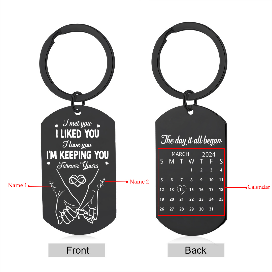 Personalised Anniversary Keyring – Custom Names, “I Met You, I Liked You” Design with Calendar – Valentine’s Day Gift for Couple | Jessemade