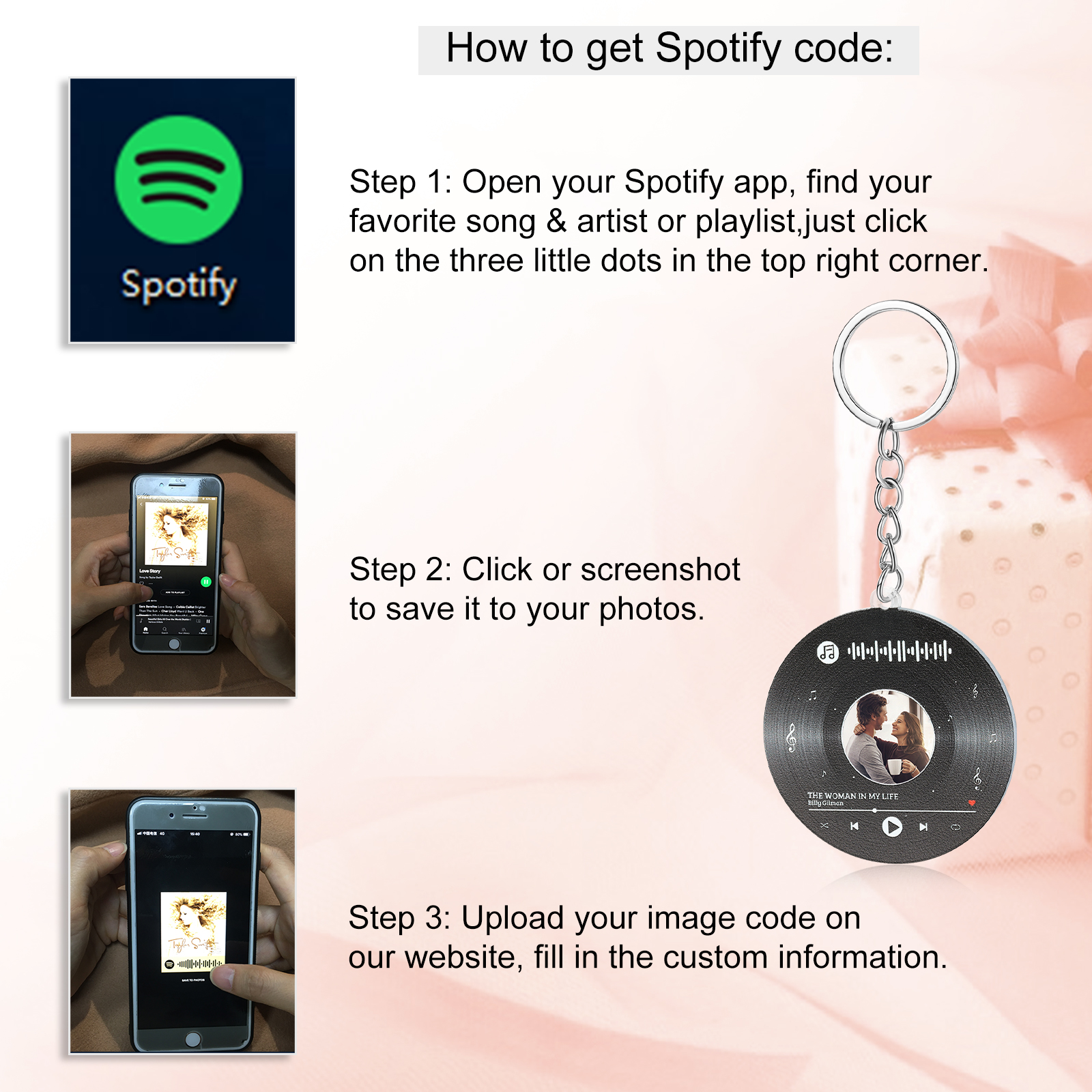Personalised Keyring with 1 Photo, 1 Text, and Spotify Code – Unique Design to Treasure Your Special Moments, Valentine’s Day Gift for Couple | Jessemade