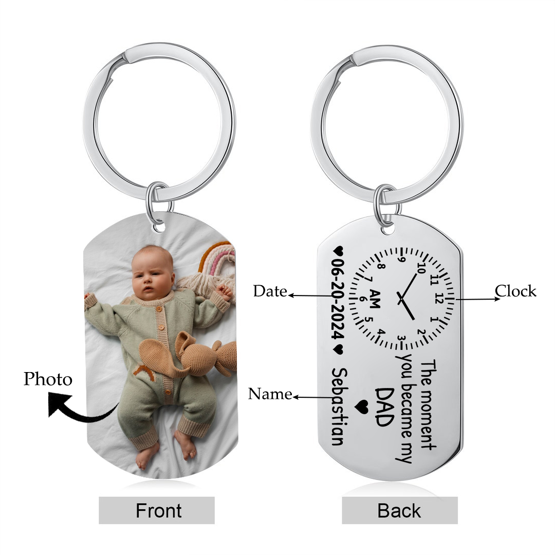 Personalised Photo Keyring – with Custom Name, Date & Time – "The Moment You Became My Dad/Mum" – Meaningful Keepsake | Jessemade