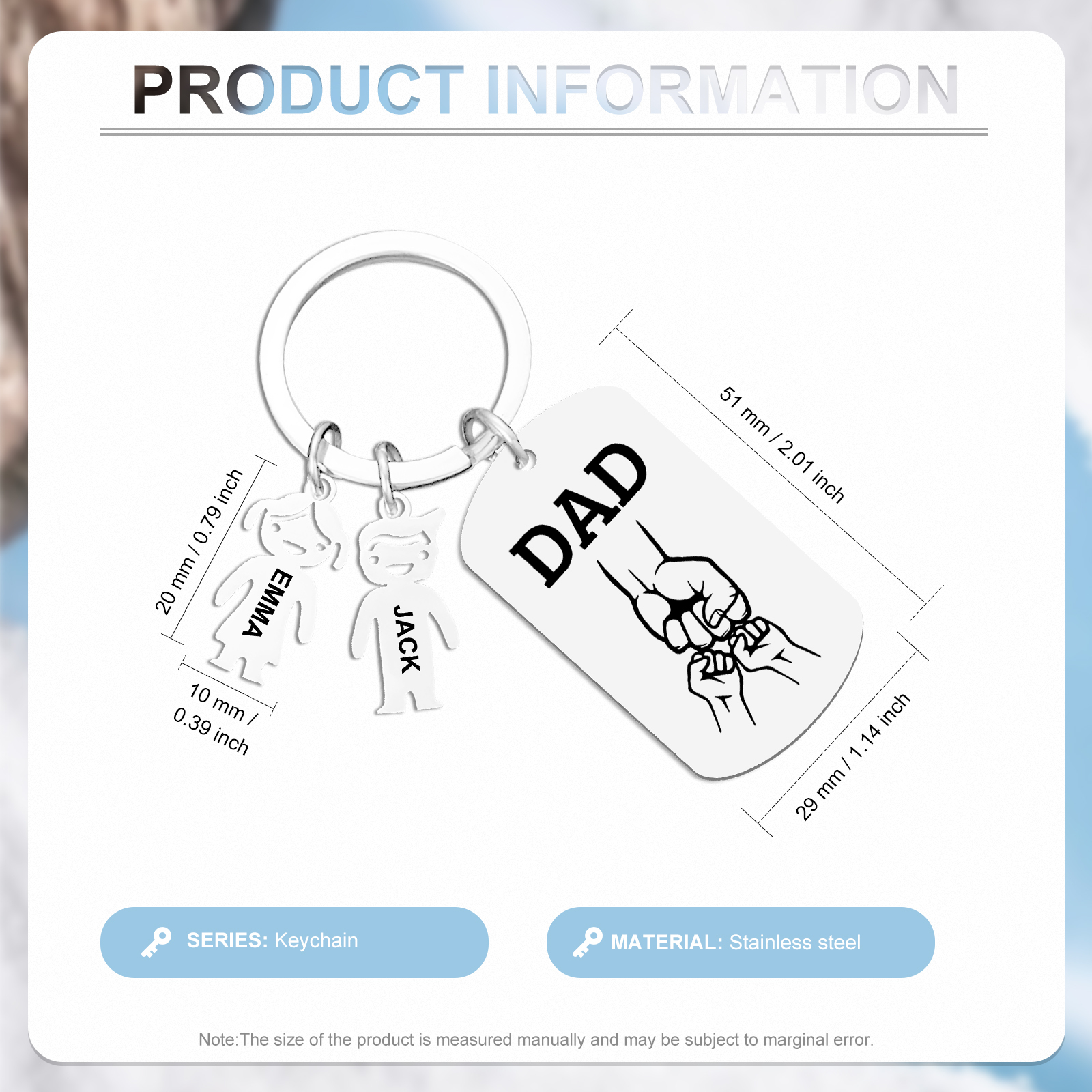 Personalised Keyring , Custom 2 Names & Engraved Text Gift for Dad | Jessemade