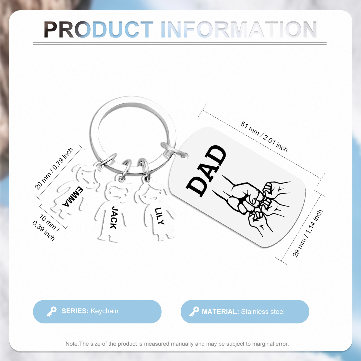 Personalised Keyring , Custom 3 Names & Engraved Text Gift for Dad | Jessemade