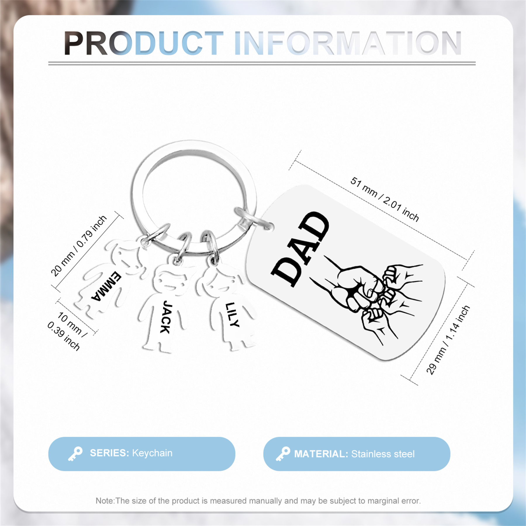 Personalised Keyring , Custom 3 Names & Engraved Text Gift for Dad | Jessemade