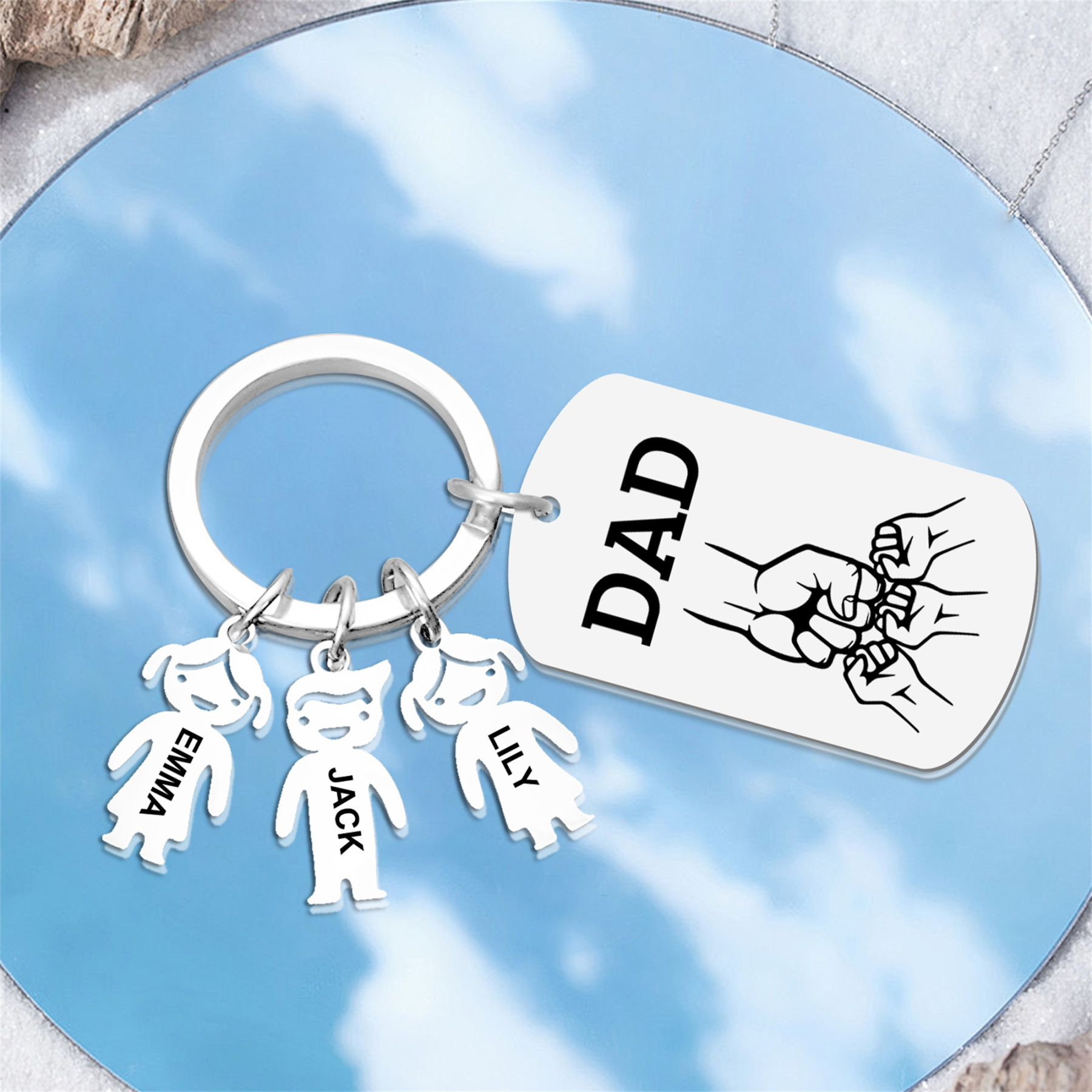 Personalised Keyring , Custom 3 Names & Engraved Text Gift for Dad | Jessemade