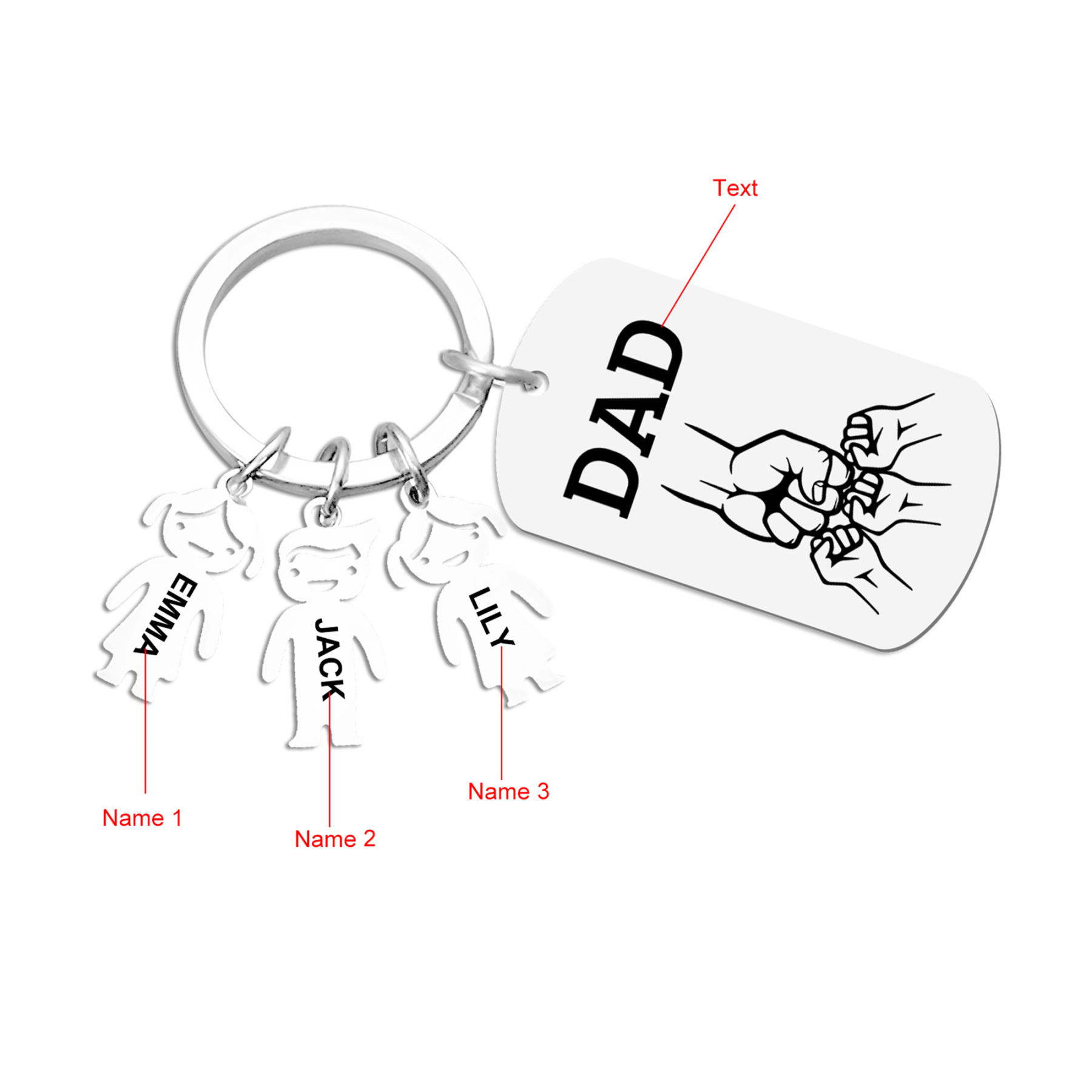 Personalised Keyring , Custom 3 Names & Engraved Text Gift for Dad | Jessemade