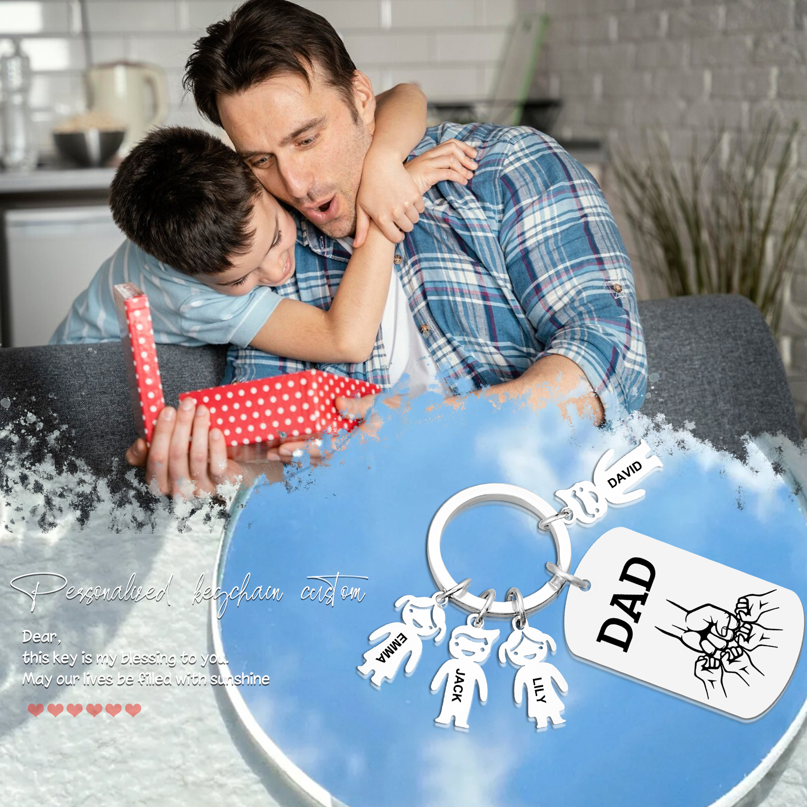 Personalised Keyring , Custom 4 Names & Engraved Text Gift for Dad | Jessemade