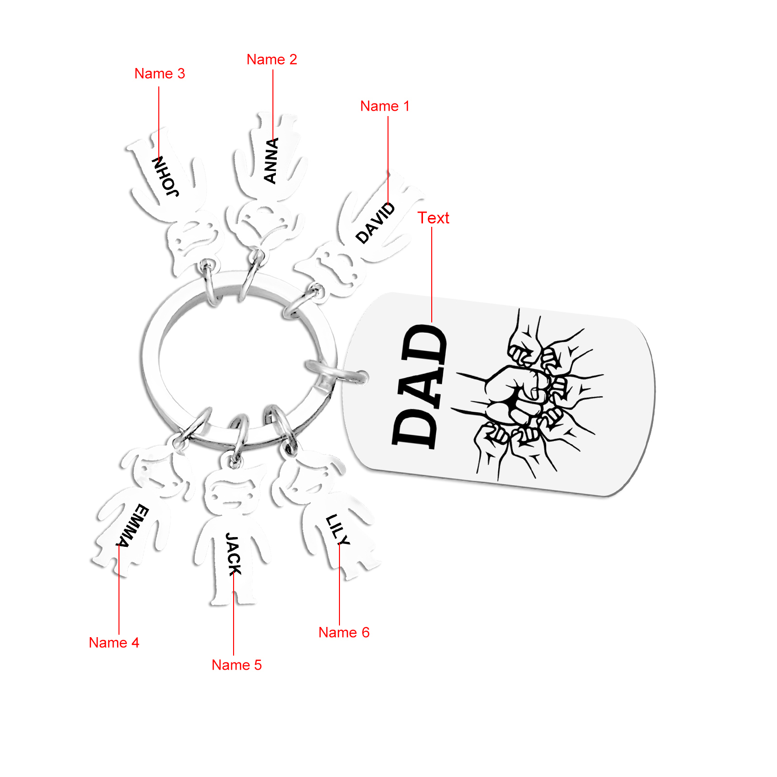 Personalised Keyring , Custom 3 Names & Engraved Text Gift for Dad | Jessemade