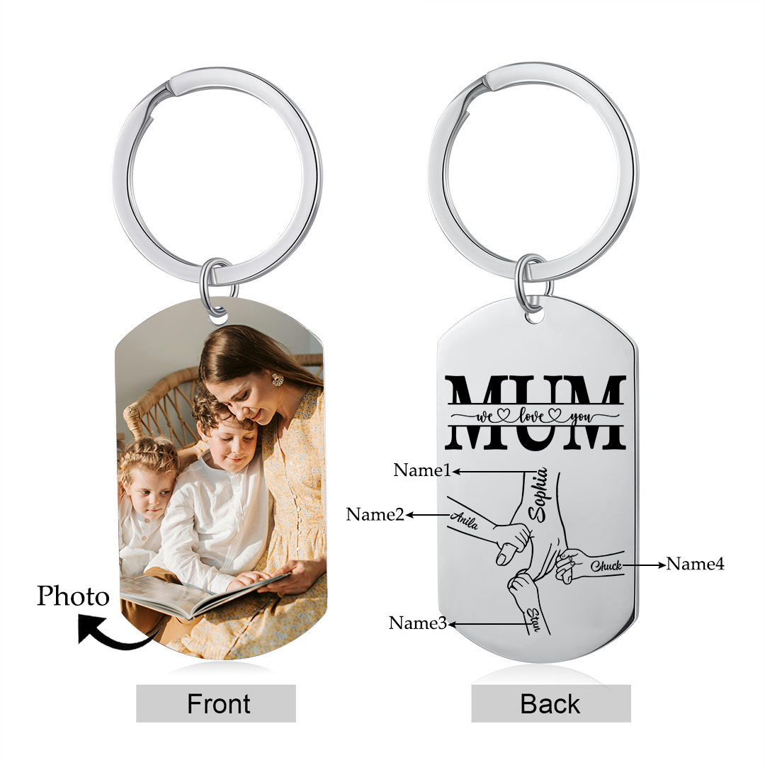 Personalised Keyring with Custom Photo & 4 Names Stainless Steel Keyring Gift for Mum | Jessemade