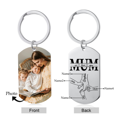 Personalised Keyring with Custom Photo & 4 Names Stainless Steel Keyring Gift for Mum | Jessemade