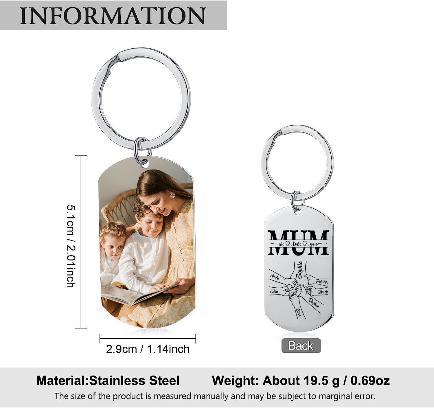 Personalised Keyring with Custom Photo & 7 Names Stainless Steel Keyring Gift for Mum | Jessemade
