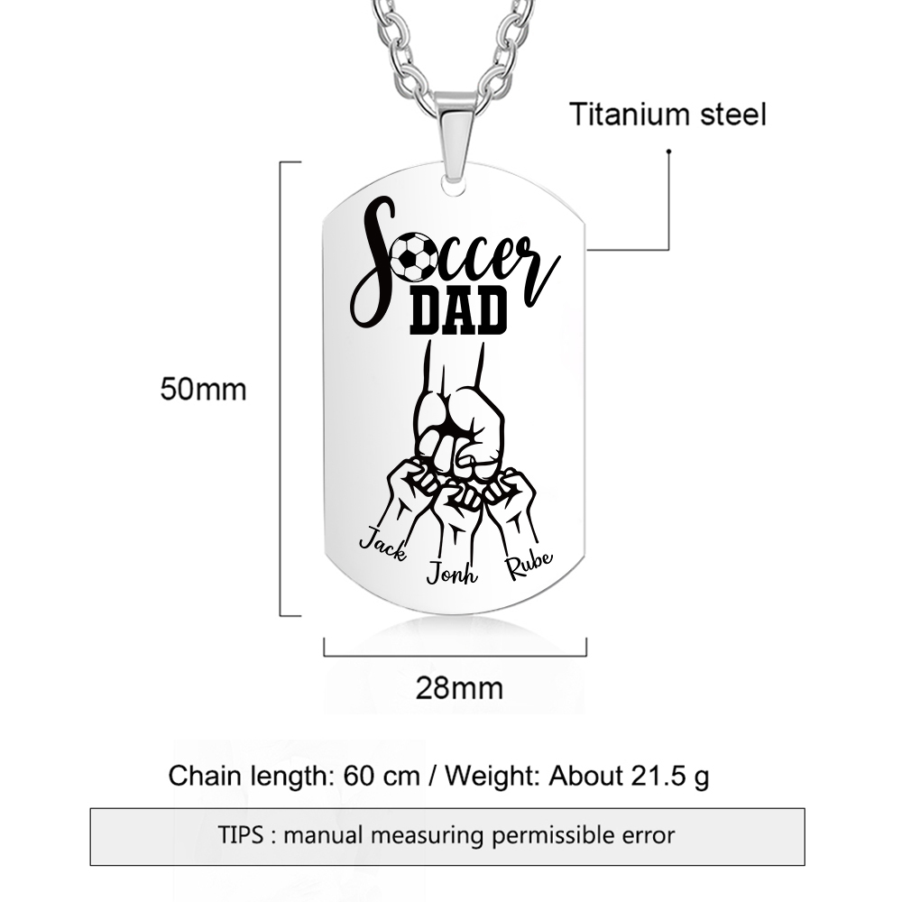 Engraved ‘Soccer Dad’ Necklace – Custom Dog Tag with 1 Photo & 3 Names – Personalised Father’s Day Present for Him | Jessemade