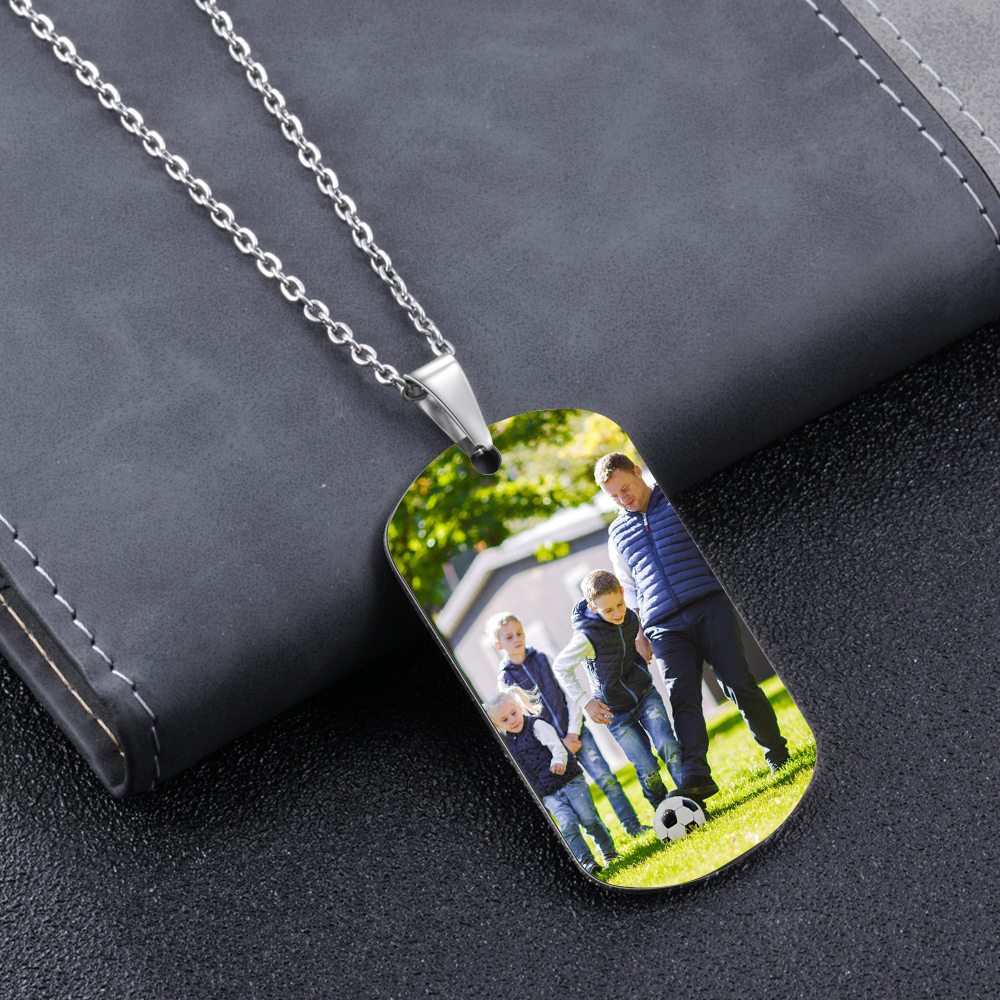Engraved ‘Soccer Dad’ Necklace – Custom Dog Tag with 1 Photo & 3 Names – Personalised Father’s Day Present for Him | Jessemade