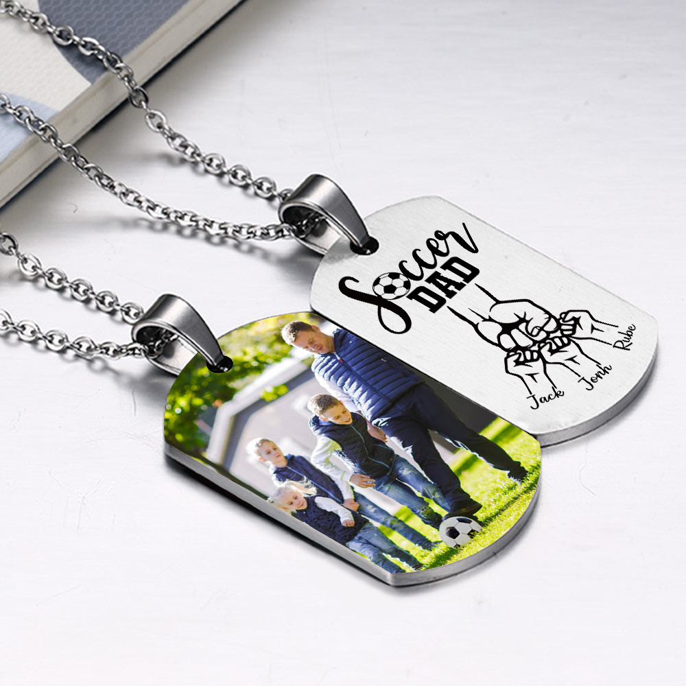 Engraved ‘Soccer Dad’ Necklace – Custom Dog Tag with 1 Photo & 3 Names – Personalised Father’s Day Present for Him | Jessemade