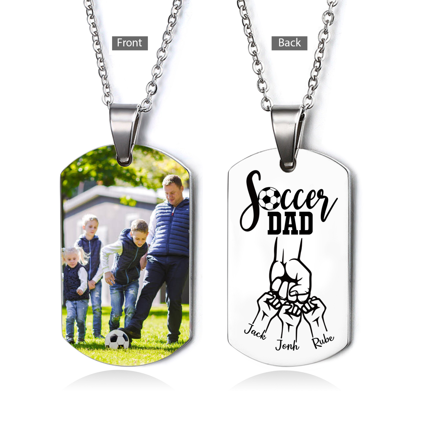 Engraved ‘Soccer Dad’ Necklace – Custom Dog Tag with 1 Photo & 3 Names – Personalised Father’s Day Present for Him | Jessemade