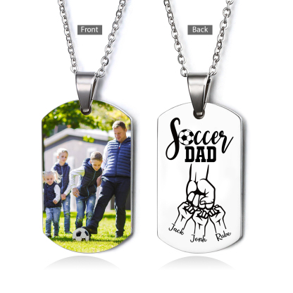 Engraved ‘Soccer Dad’ Necklace – Custom Dog Tag with 1 Photo & 3 Names – Personalised Father’s Day Present for Him | Jessemade